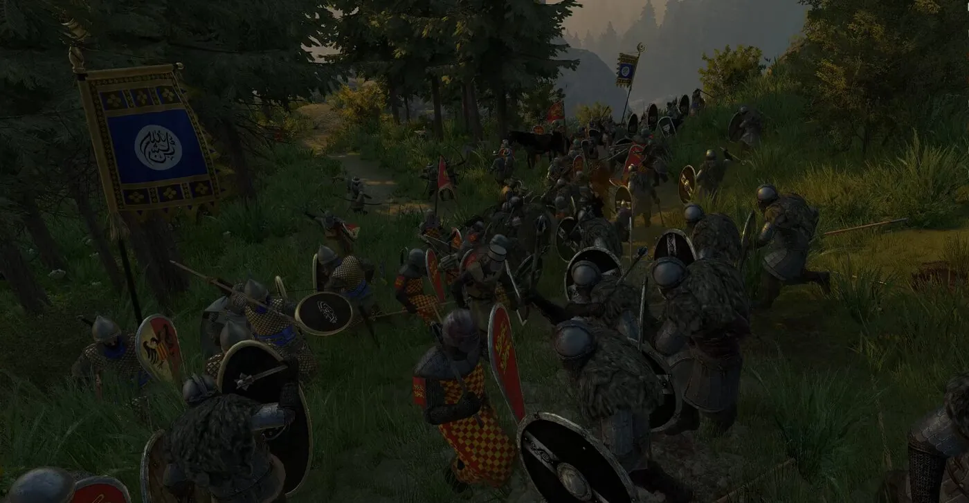 The Völsung shieldwall clashing with another faction on a forest hill