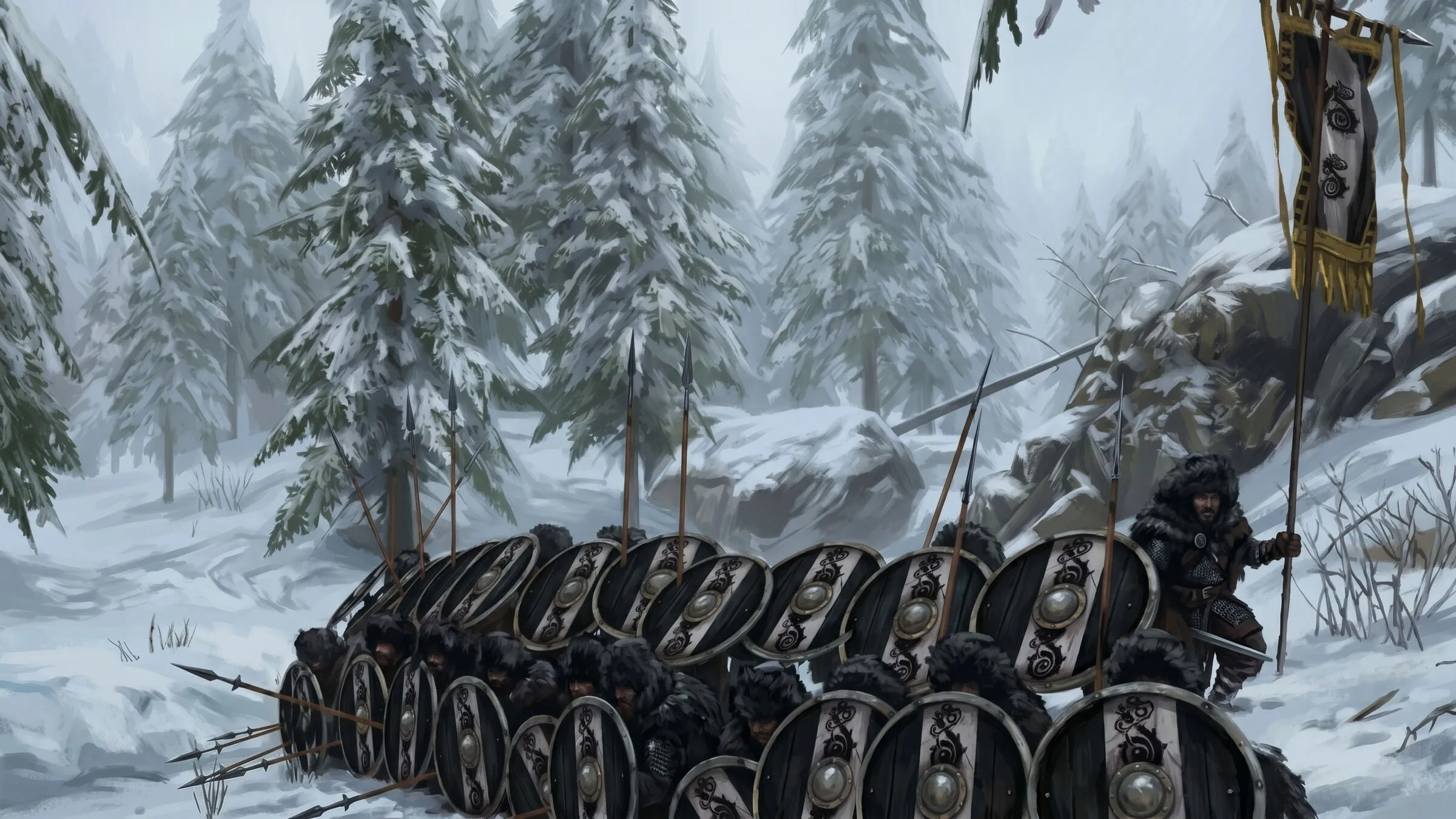 Painting of a Völsung shieldwall under the serpent banner in a snowy forest